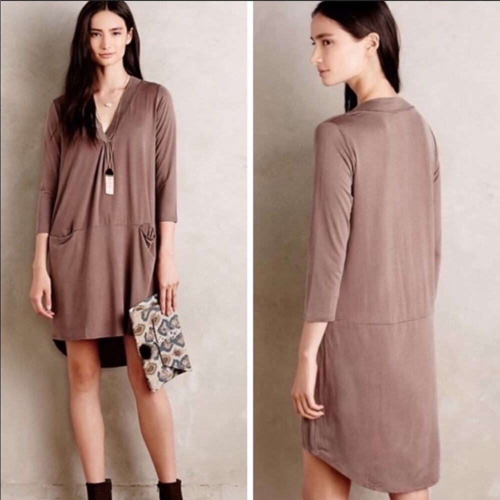 ANTHROPOLOGIE DOLAN Brown Tegan Draped Tunic Drop Waist VNeck Shirt Dress XS